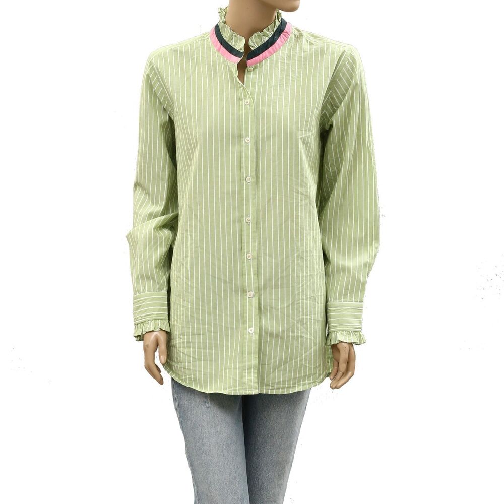 Kerri Rosenthal Mia Stripe Ruffle Shirt Top Buttondown Long Sleeves L 286913